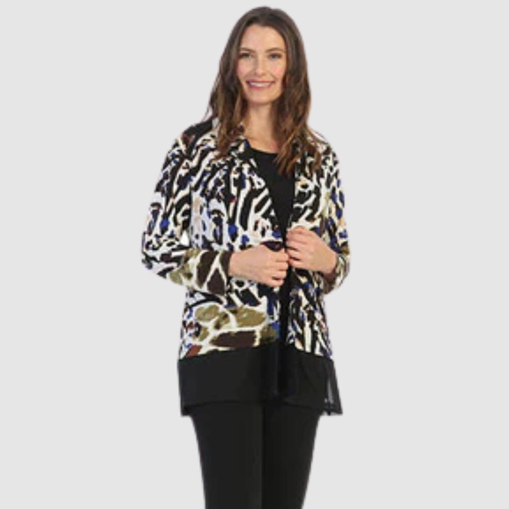 Jess & Jane‎ Large Multi Abstract Open Front Stretch Knit Artsy Duster Jacket